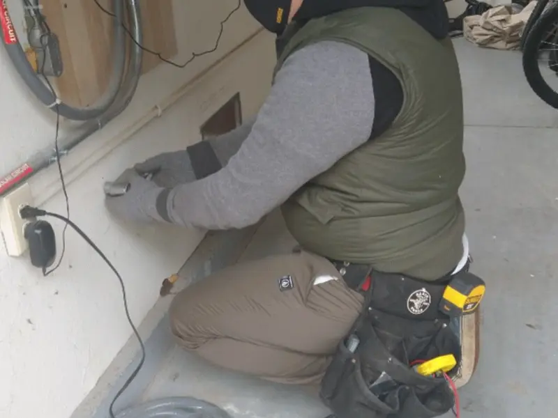 Electrician performing outlet wiring in a Silsbee garage